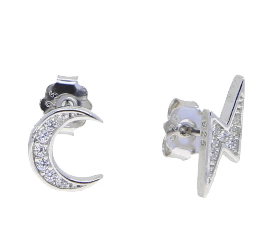 Moon & lightning Studs with Zirconia  Sterling Silver Earrings
