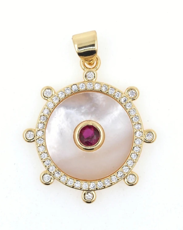 Mother of Pearl round red CZ