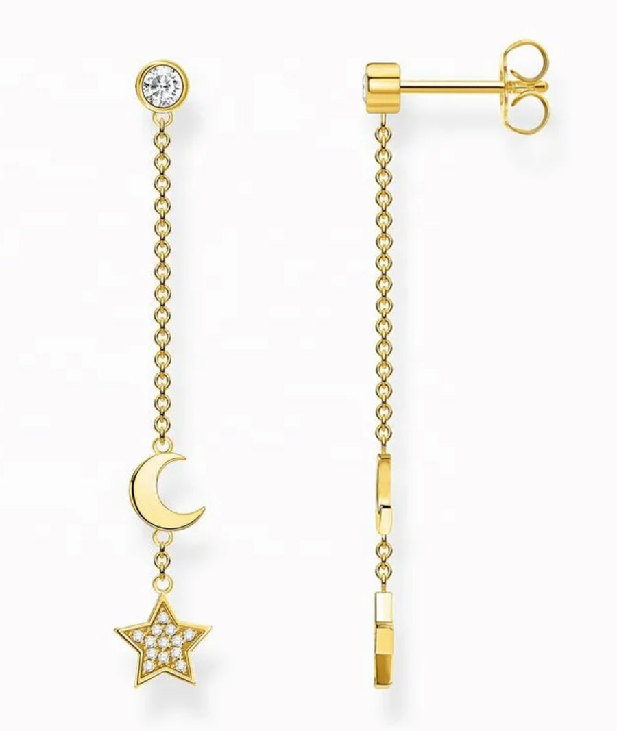 Sterling Silver Long Chain Star and Moon Earrings