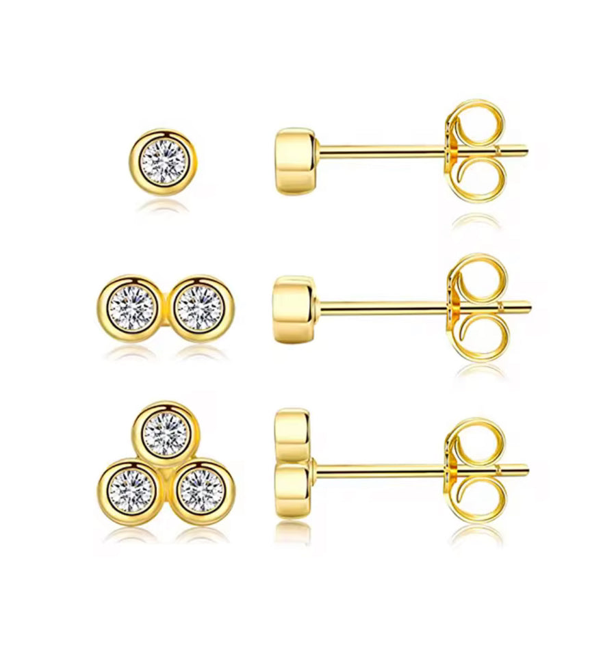 3-Pair Gold Stud Earrings Set with Cubic Zirconia