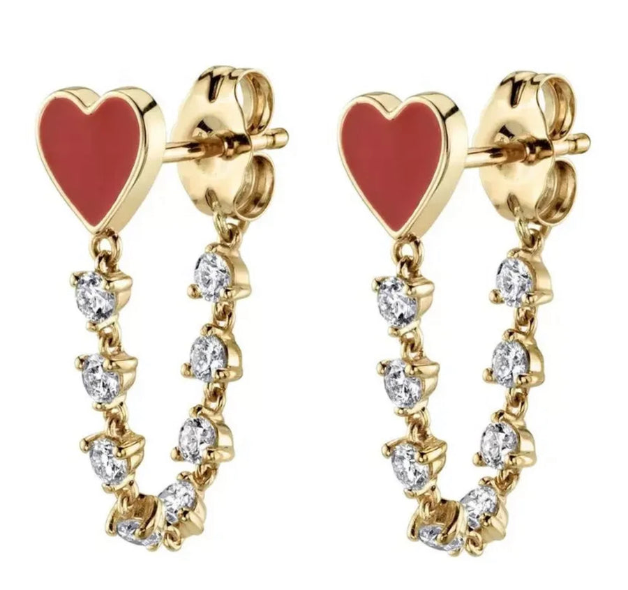 Red heart with CZ link chain Sterling Silver Gold Plated Earring
