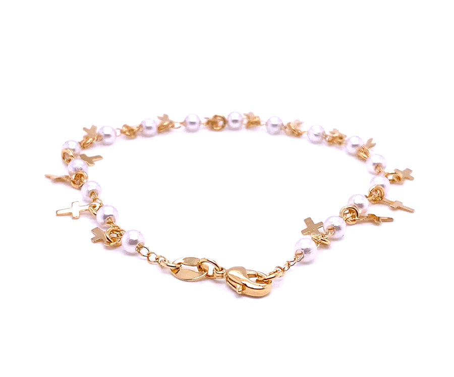 Cross & Fresh Water Pearls Gold plated Bracelet